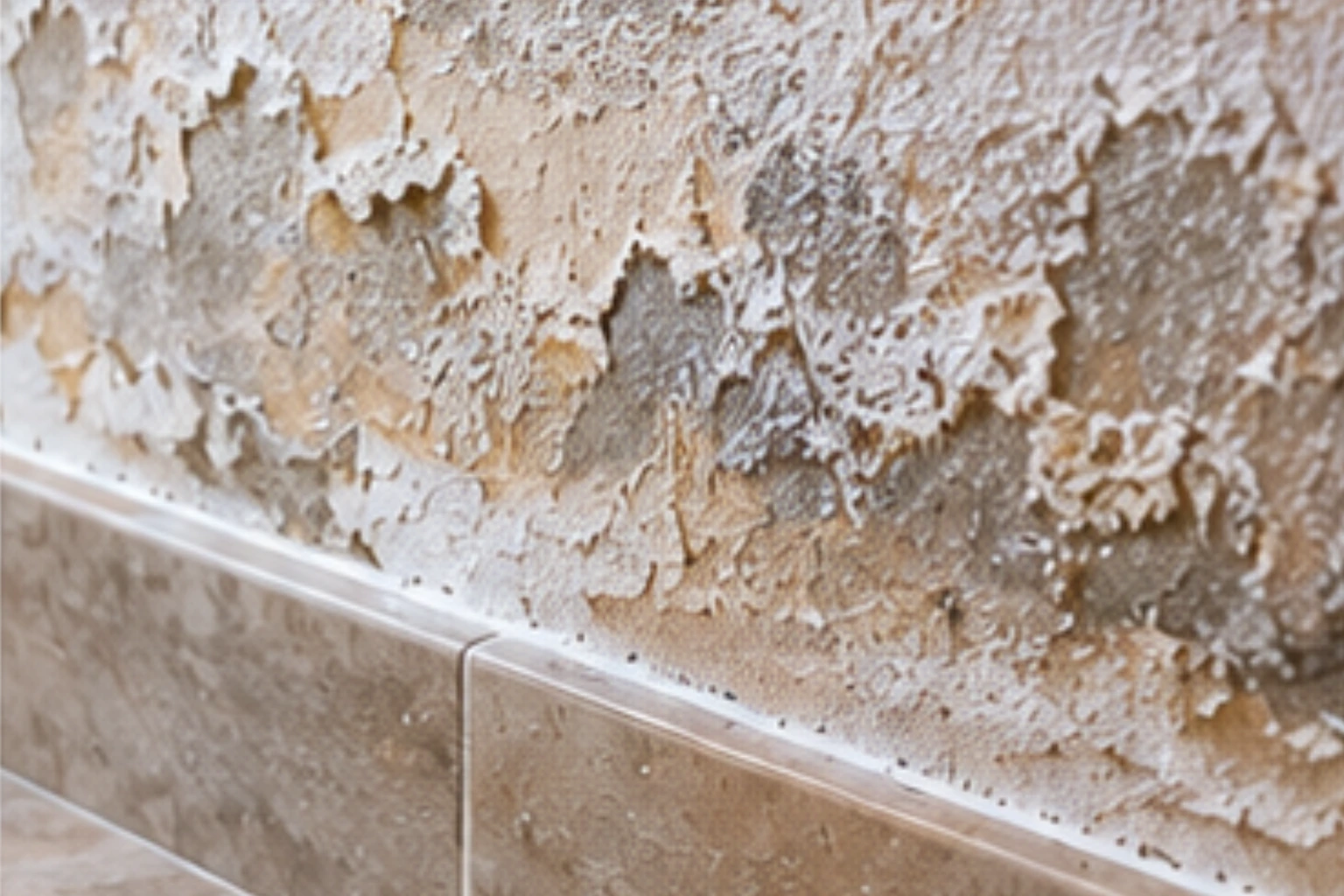 Salt staining and moisture deposits on a damp wall